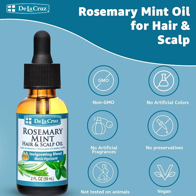 De La Cruz Rosemary Mint Oil Blend for Hair & Scalp - Revitalizing Blend with Castor, Avocado and Olive Oil - Naturally Moisturizing Rosemary Hair Oil - 2 FL OZ