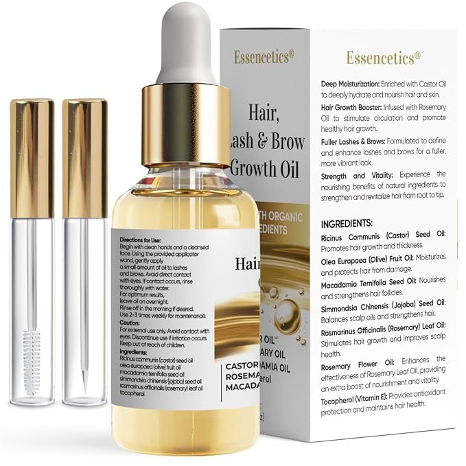 Castor Oil Organic Cold Pressed Unrefined Glass Bottle, Eyebrow Eyelash Growth Serum, Hexane-Free, Pure Rosemary, Macadamia Infused Oils for Hair and Scalp Growth, Natural Brow Lash Oil 2oz