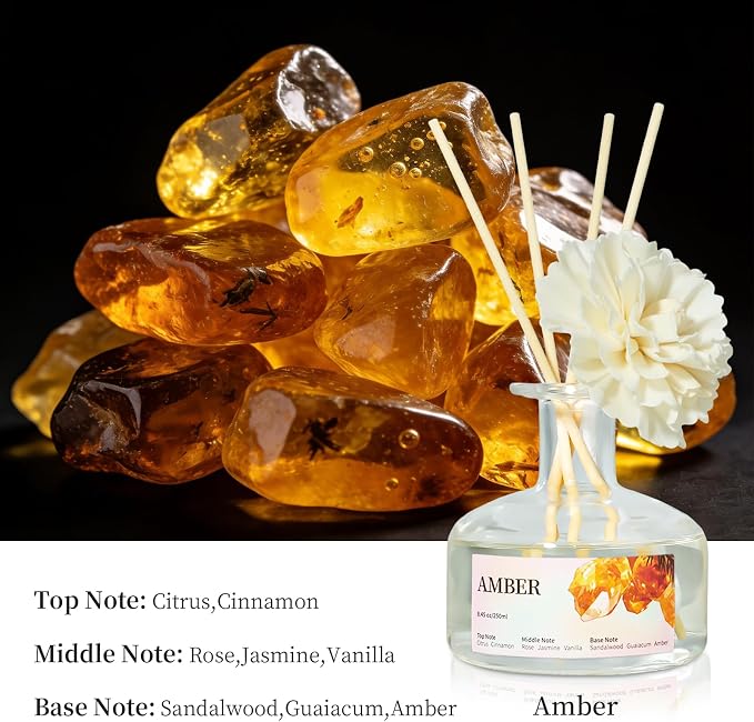 8.45 oz Amber Scent Diffusers with 6 Reed Sticks,250ml Reed Diffuser for Bathroom Room Air Freshener, Last up for 50 Days