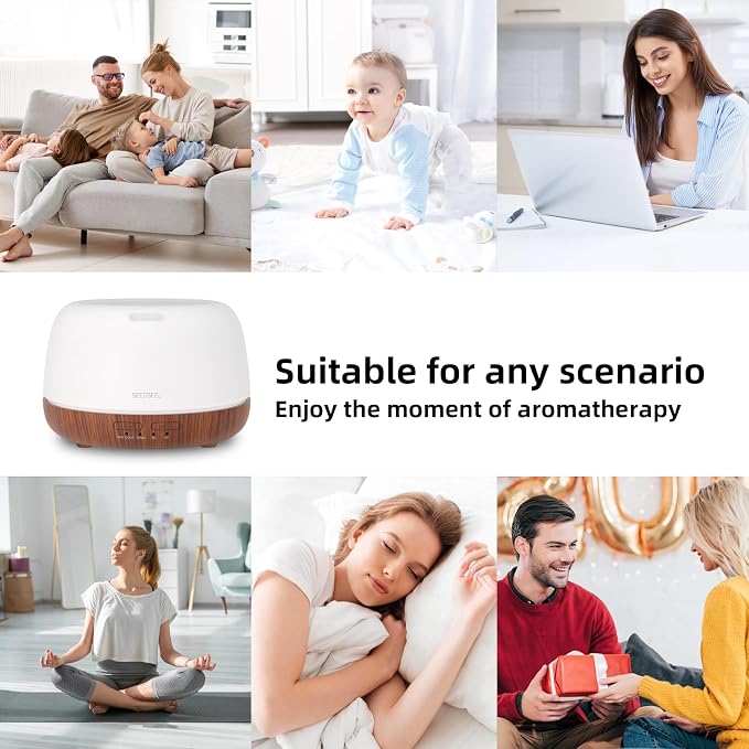 SEEDSEEL 300ML Essential Oil Diffuser, Mini Aromatherapy Diffuser with Remote Control, 7 Color Changing LED Light, 4 Timer for Bedroom, Room, Office