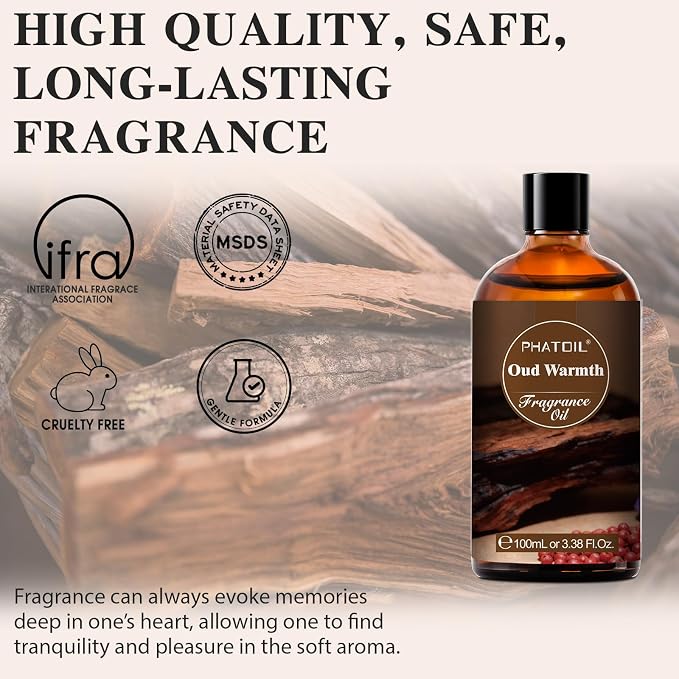 PHATOIL 3.38FL.OZ Oud Warmth Fragrance Oils for Aromatherapy, Essential Oils for Diffusers for Home, Perfect for Diffuser, Yoga, Skin Care, DIY Candle and Soap Making - 100ml