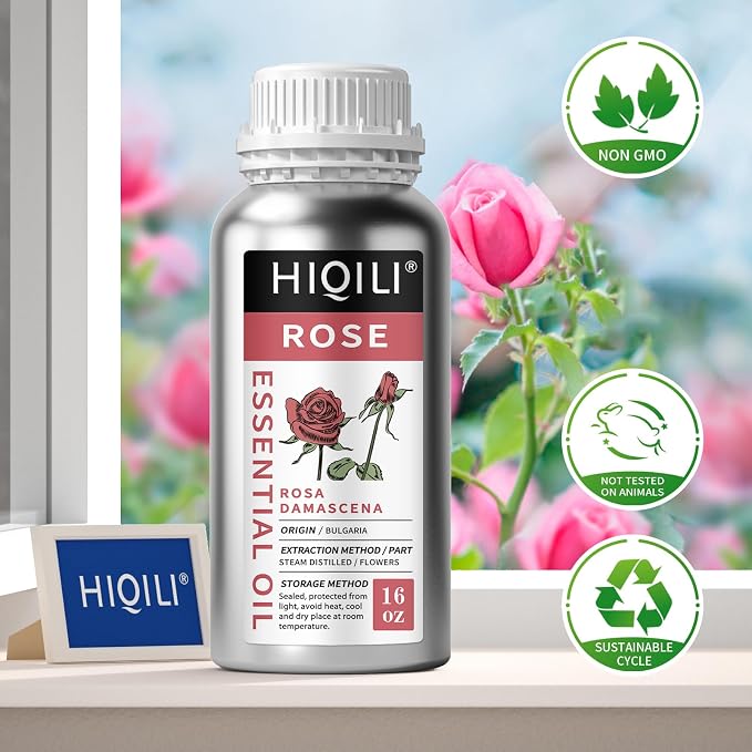 HIQILI Rose Essential Oil for Diffuser, Soap, Perfume & Candle Making - 16 Fl Oz