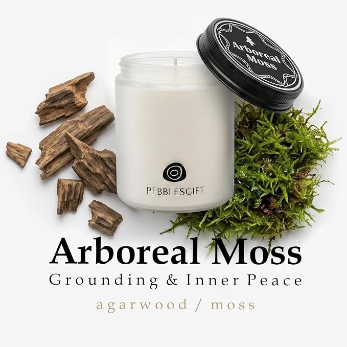 Arboreal Moss Woody Scented Candle 9oz Soy Wax Frosted Glass Jar for Home Decor - Scent Hunter Scented Card Included - Ideal Gift for Self-Care & Relaxation for Men & Women Gift
