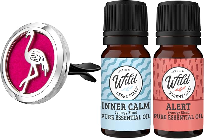 Wild Essentials Flamingo Essential Oil Car Vent Diffuser Kit – 316L Stainless Steel Locket, Rubber-Coated 4-Way Clip, 8 Color Pads (22mm), 25mm – Includes Alert & Inner Calm (2 x 10ml)
