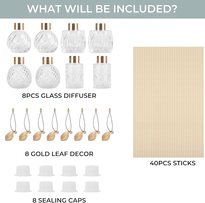 8Pcs Reed Diffuser Set with Metal Golden Decoration, 3.5oz-4.2oz Empty Bottles with 20Pcs Reed Sticks, Unique Design Bottles for Home and Office