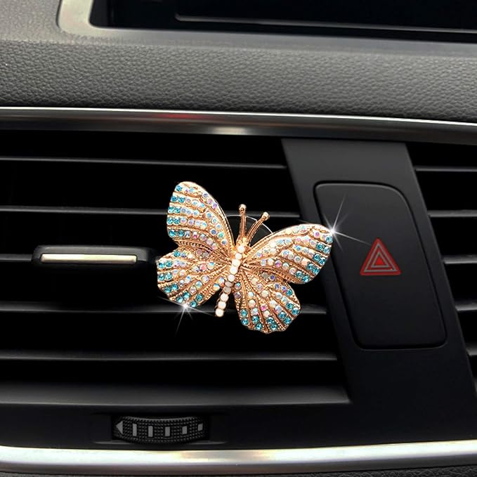 Bling Butterfly Car Air Vent Clip, Cute Rhinestone Air Freshener Clip, Glam SUV Outlet Vent Decorations, Charm Car Inter Decor Accessories for Girls Women (Blue + Purple)