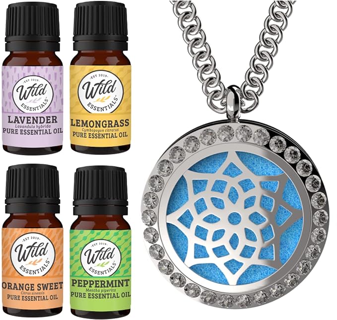 Wild Essentials CZ Flower Necklace Essential Oil Diffuser Kit with Lavender, Lemongrass, Peppermint, Orange Oils, 12 Refill Pads, Calming Aromatherapy Gift Set, Customizable Color Changing, Perfume