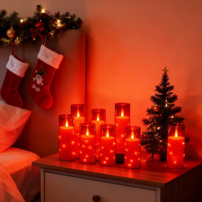 kakoya Flameless LED Candles with Timer 24 Pc Flickering Flameless Candles for Romantic Ambiance and Home Decoration Stable Acrylic Shell,with Embedded Star String，Battery Operated Candles（Red）