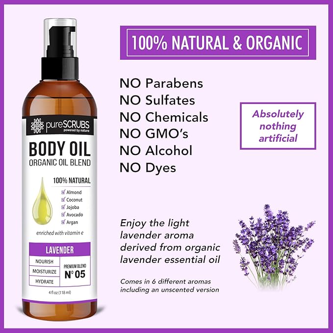 pureSCRUBS Ultra Moisturizing Lavender Body Oil for Dry Skin, Lightweight Full Body Moisturizer for Soft, Silky Skin, Massage & Cuticle Oil, Vitamin E Enriched, 4 oz