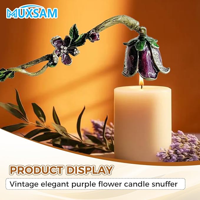 MUXSAM Vintage Candle Snuffer, Candle Extinguisher with Long Handle, Metal Wick Flame Snuffer for Putting Out Candle Flame Safely, Floral Candle Snuffers Accessory for Candle Lovers, Purple