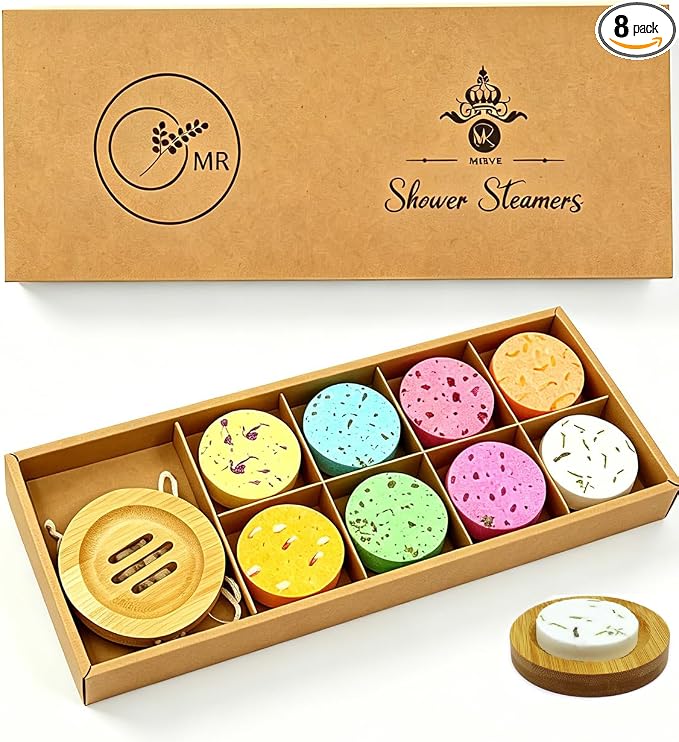 Shower Steamers Aromatherapy - 8 Pack Organic Shower Bombs with Shower Steamer Tray/Holder, Self Care Natural Essential Oil, Stress Relief Shower Bombs, Fathers Spa Gifts for Men, Dad, Husband