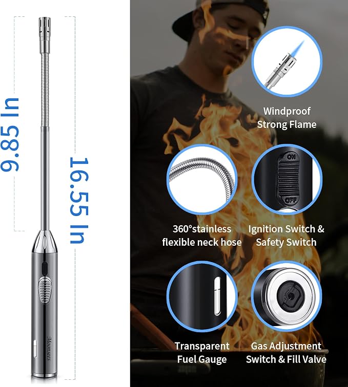 Long Grill Lighter,Refillable Butane,Windproof Flexible with Visual Fuel Window for Candles Grill BBQ Fireplaces Kitchen Camping 2 Pack (Butane Gas Not Included)
