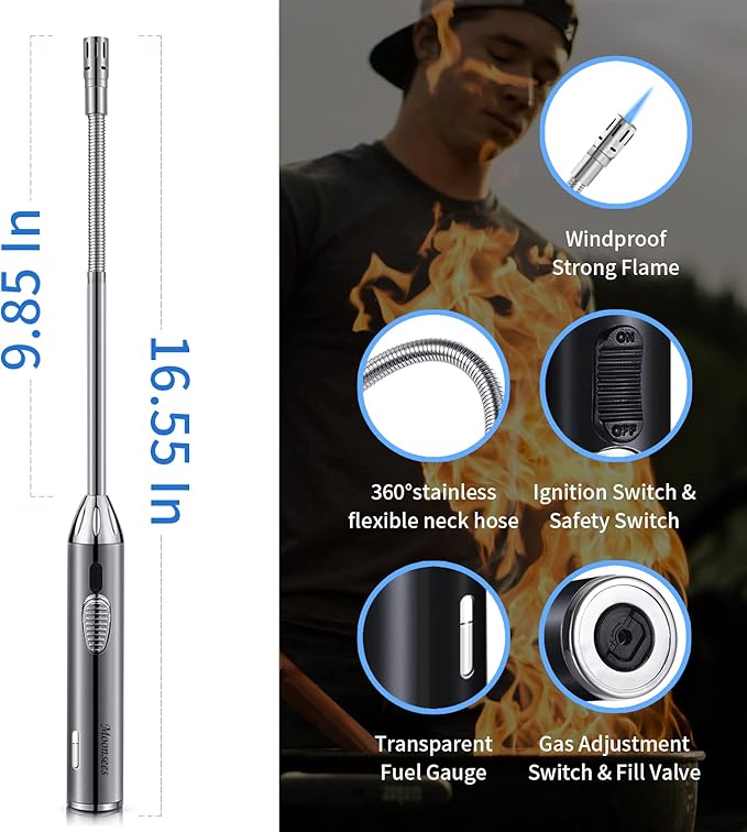 Long Grill Lighter,Refillable Butane,Windproof Flexible with Visual Fuel Window for Candles Grill BBQ Fireplaces Kitchen Camping(Butane Gas Not Included)