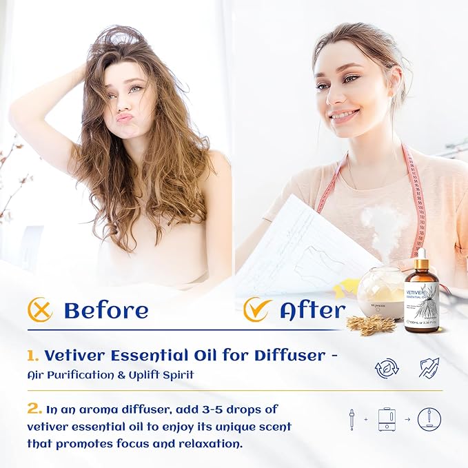 HIQILI 100ML Vetiver Essential Oil, for Diffuser Calm and Relation- 3.38 Fl Oz