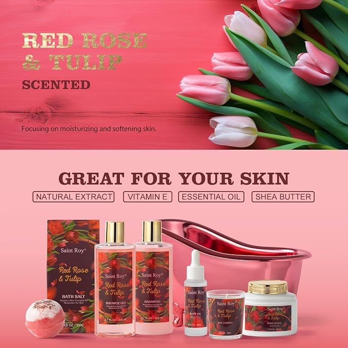 Spa Gift Basket Gifts for Women, spa kit Gifts for Her Mother's Day Bath Spa Gift Set Red Rose & Tulip Spa Basket Kits for Women, Bath & Body Set, Self Care Pamper Kit, Self-care baskets Mother Gift