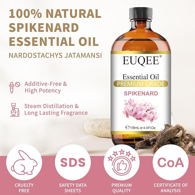EUQEE Spikenard Essential Oil 118ml/4Fl Oz Spikenard Oil Premium Essential Oil with Glass Dropper Great for Yoga, Meditation, Massage, Diffuser, DIY Soap, Candle Making, Aromatherapy, Sleep