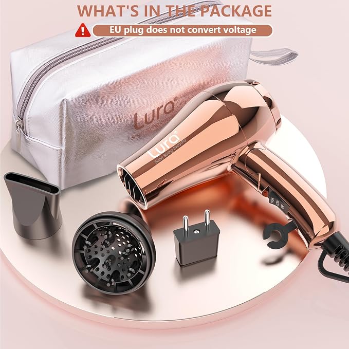 LURA Mini Portable Travel Hair Dryer:Dual Voltage Small Lightweight Blow Dryer with EU Plug,1200W Compact Hairdryer with Folding Handle,with Concentrator&Diffuser Attachment,for Women and Men