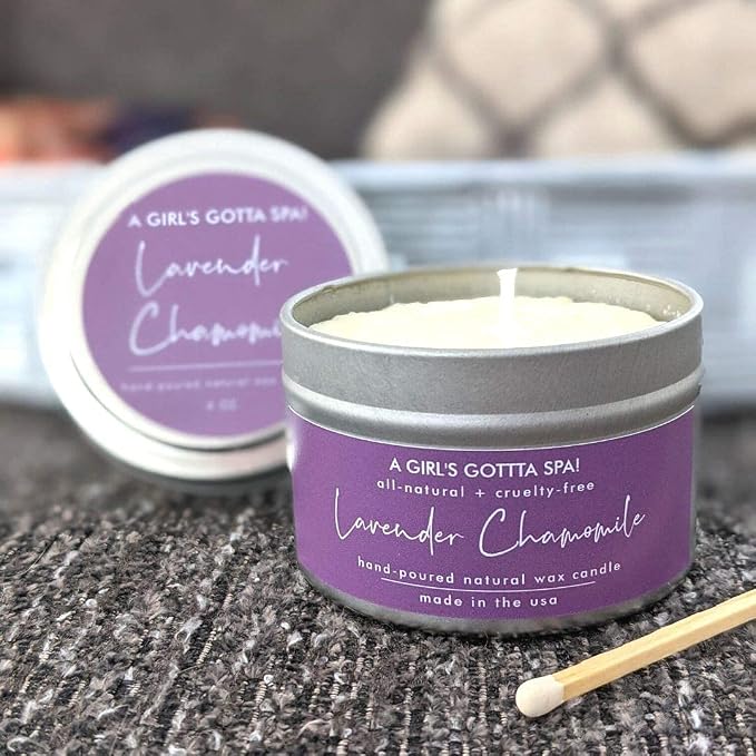A Girl's Gotta Spa! Lavender Chamomile Soy and Coconut Wax Handpoured Candle with Essential Oils for Aromatherapy and Relaxing 4oz