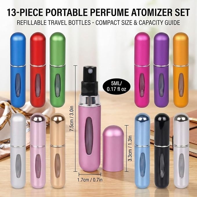 Travel Perfume Bottle Refillable, 13PCS Mini Portable Perfume Atomizer Set for 5ML On-the-Go Fragrance Refresh, Ideal for Frequent Travelers and Business Professionals