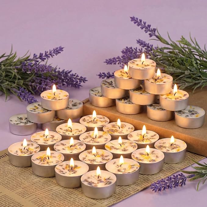Lavender Scented Tealight Candles 16 Pack - 4-Hour Palm Wax White Tea Lights, Plant Dried Flower Scented Tea Candle (Paraffin-Free), Votive Candles for Home/Yoga/Bath/Meditation