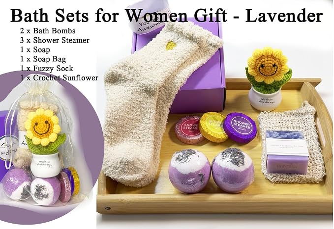 Bath Sets for Women Gift Spa Kit - Lavender Bath Bombs Soap Shower Steamer Positive Sunflower for Birthday Mother's Day, Sending Sunshine, Get Well Soon, Uplifting, Relaxing for Girls