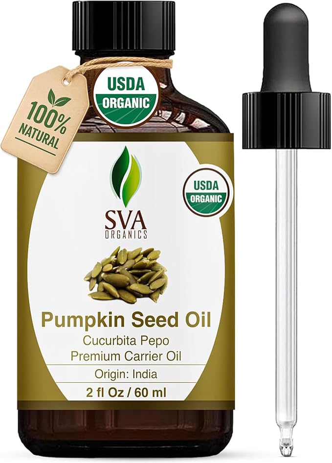 SVA Pumpkin Seed Oil Organic - 2 Fl Oz – 100% Natural Cold Pressed Pumpkin Seed Oil - for Face, Skin Care, Hair Care, Scalp Massage & Body Massage - with Dropper