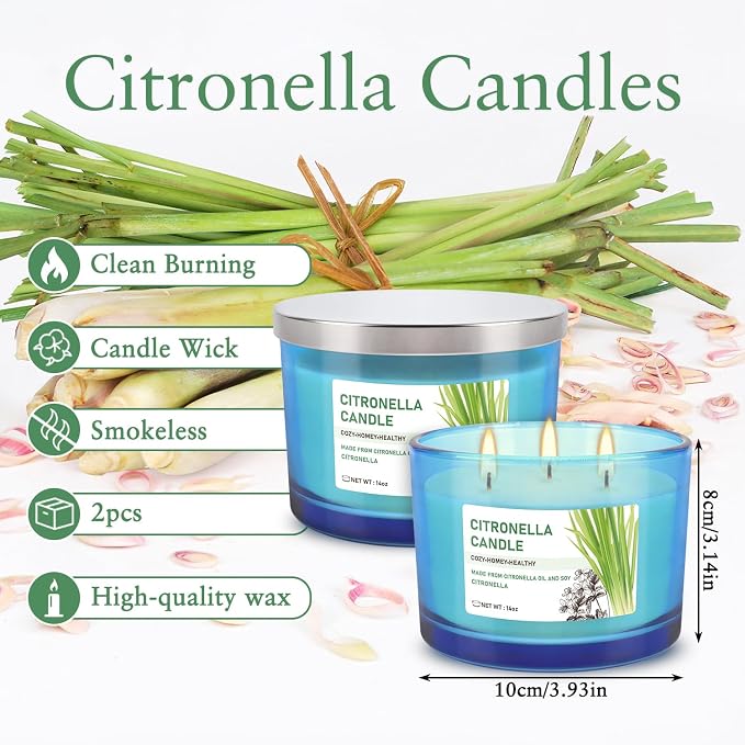 2x14oz Large 3-Wick Outdoor Indoor Citronella Candles, Long Lasting to 30 Hours, Scented Natural Soy Candle for Garden Camping Party Yard Balcony