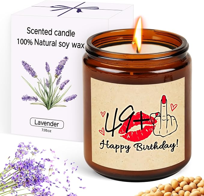 Funny 50th Birthday Gifts for Women - Lavender Scented Soy Candle, 49+1th Birthday Decorations for Her, Mom, Friend - Handmade Gift Idea, 7oz