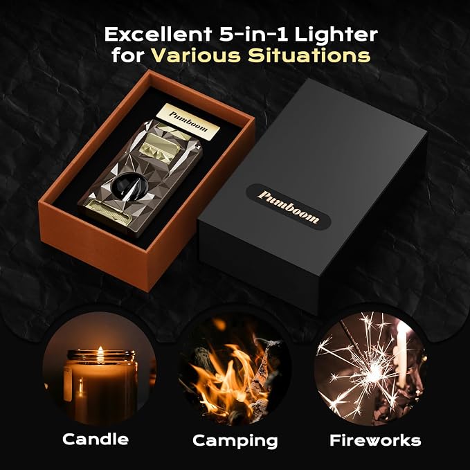 All-in-one Butane Torch Lighter with Cutter, Punch, Holder, Draw Enhancer Tool, and Triple Windproof Flame, Refillable Butane Lighters with Gift Box for Men, Cool Lighters for Outdoor, Candle