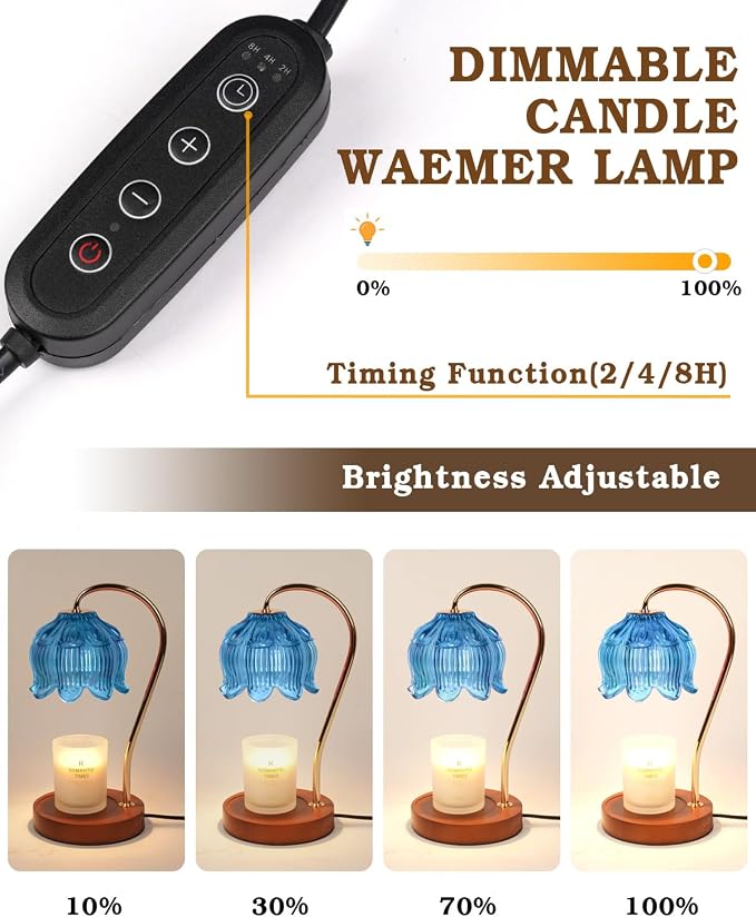 Funistree Flower Candle Warmer Lamp with Timer, Dimmable Candle Lamp Warmer, Christmas Birthday Gifts for Women Mom Her, Housewarming Home Decor, Lotus Wax Warmer for Yankee - Blue Lily 10 Inch