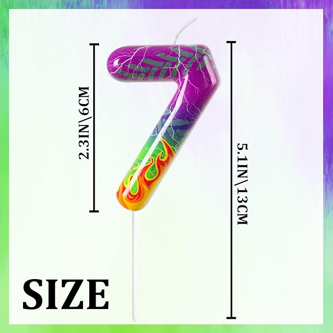 Number 7 Birthday Candle for Cake – Purple Green Flame Design with Lightning & Tire Track Pattern – Off-Road Truck Theme Cake Topper for Birthday Party Decoration