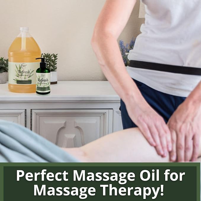 Refresh Massage Oil for Massage Therapy with Eucalyptus & Peppermint Essential Oils - All Natural - Ideal for Full Body Relaxation – Nut Free Formula 8oz