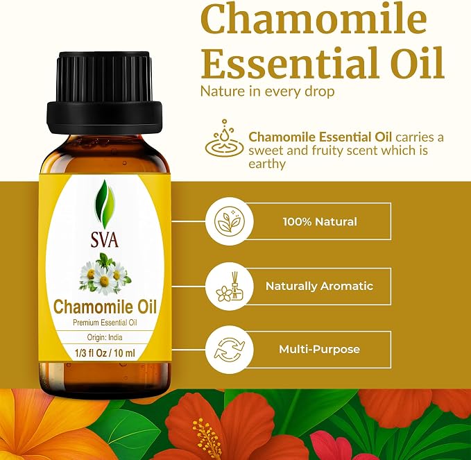 SVA Chamomile Essential Oil – 1/3 Fl Oz – 100% Natural Chamomile Oil - for Diffuser, Hair Care, Face, Skin Care, Aromatherapy, Scalp and Body Massage, Soap and Candle Making