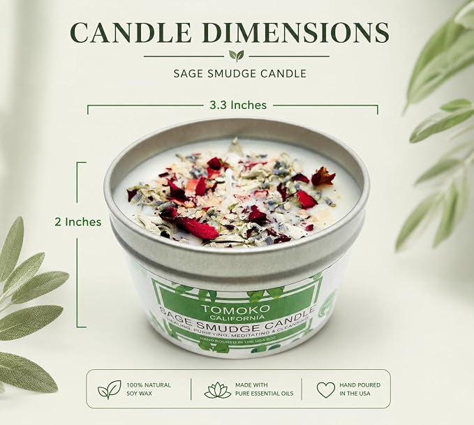 TOMOKO White Sage Candle, Sage Leaf, Rose, Lavender, Himalayan Salt & Essential Oil