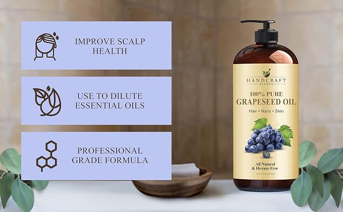 Handcraft Blends Grapeseed Oil | 100% Pure and Natural | Bath & Body Oil | Premium Grade Carrier Oil | Skin | Hair | Body | Massage | Cold-Pressed | Hexane-Free | 16 Fl Oz (Pack of 2)