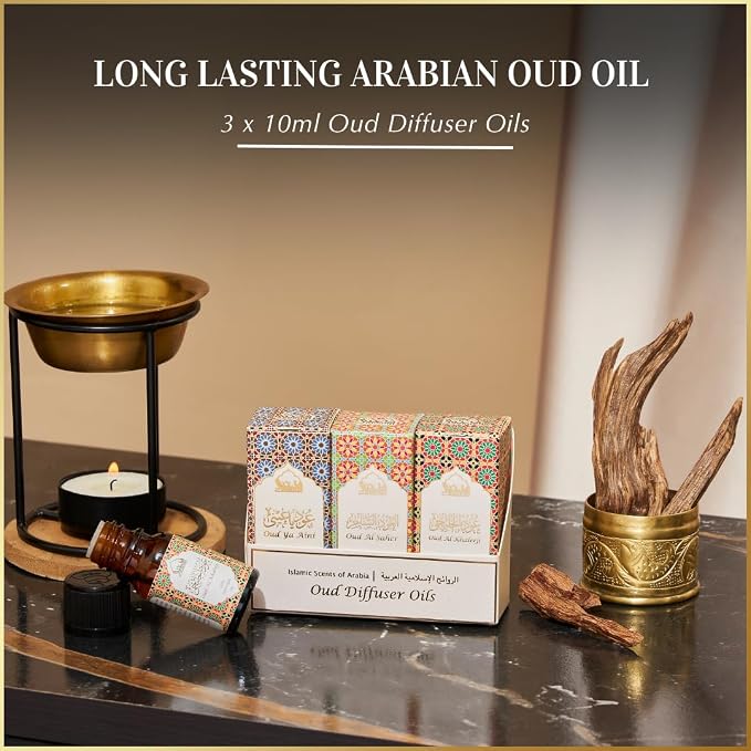 Arabic Oud Diffuser Oil Set, Essential Oils by Dukhni | 3 x 10ml Oudh Oil Gift Set for Diffuser & humidifier | 100% Pure Halal Oils | Relax with Home Aromatherapy, for Relaxation & Massage