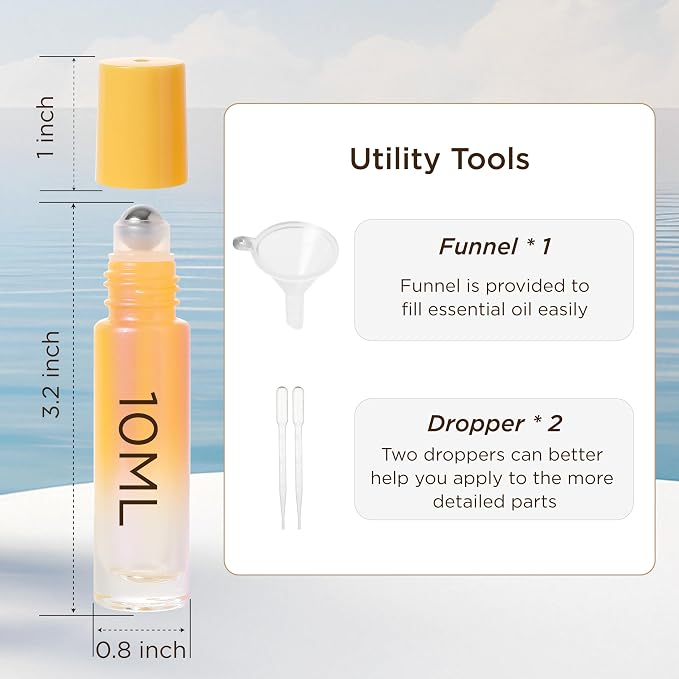 SESENSE Essential Oil Roller Bottles, 10ml Thick Glass Perfume Roller Bottles with Funnel Opener and Dropper Colored Glass Empty Bottles with Stainless Steel Roller Balls (Orange, 4 Pack)