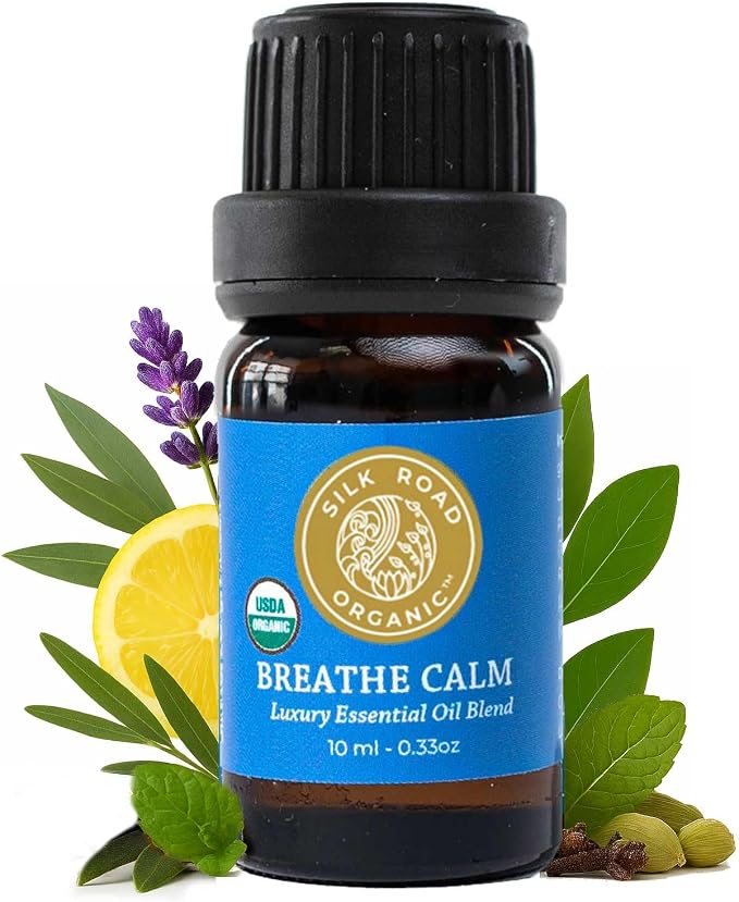 Silk Road Organic Breathe Calm Essential Oil Breathe Easy Blend for Cold, Cough, Congestion, Sinus & Allergy Support – USDA Certified Aromatherapy undiluted 10 ml Dropper