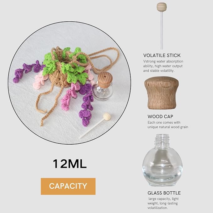 ROFIGL Handmade Crochet Hanging Car Air Freshener - Botanical Wisteria Blossom Design with 12ml Refillable Glass Essential Oil Bottle, Long-Lasting Car Diffuser & Nature-Inspired Decor