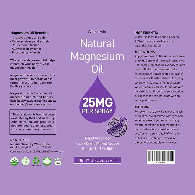 Stilip Magnesium Spray, Pure Magnesium Oil Spray for Feet,Ideal Gift for Muscle Relaxation&Better Sleep,Rapid Absorption,Quick Drying Without Residue-Lavender