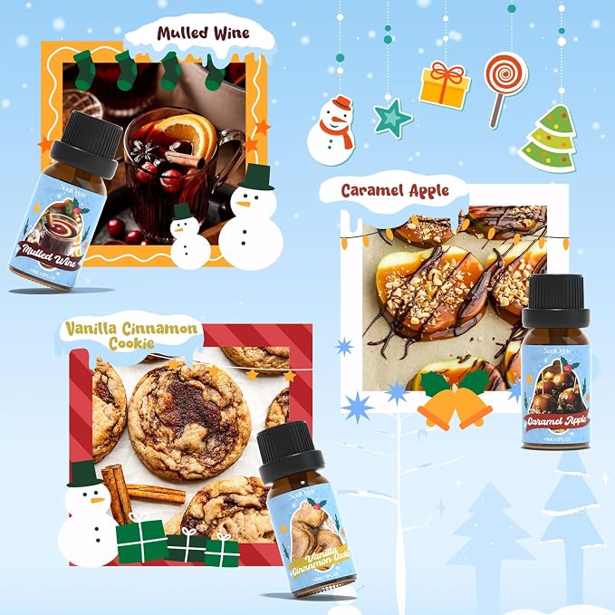 Soulorigin Holiday Essential Oils Set, Fragrance Oil Set for Diffuser, Scent Diffuser Oil for Candle Making-Vanilla Cinnamon Cookies, Caramel Apples, Gingerbread, Fir Cedar, Orange Cloves, Mulled Wine