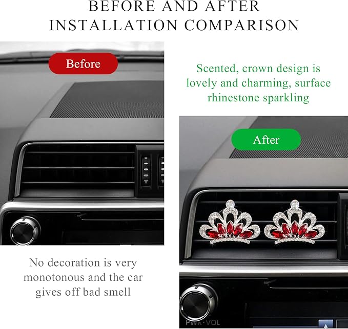Yourkar 2 PCS Bling Car Air Vent Clips, Crystal Rhinestone Crown Vent Decorative Air Freshener Clips, Sparkly Diamond A/C Outlet Aroma Diffuser Clip for Vehicles, Car Accessories (Red)