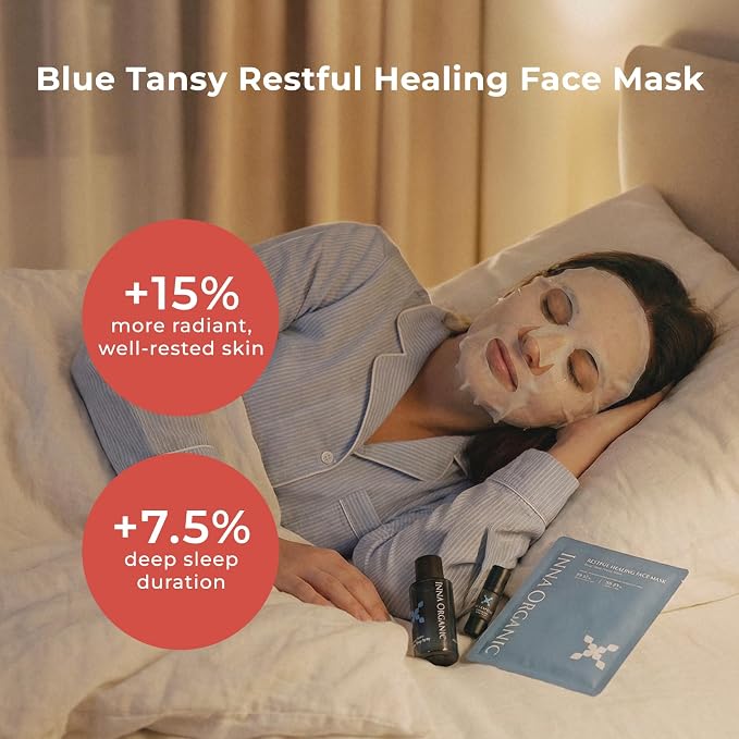 INNA ORGANIC Organic Sheet Mask - Nexty Award Finalist, Sleep Well Glow, Overnight Renewal, Restful Healing, Sustainable & Clean Beauty (Pack of 5) | Blue Tansy Essential Oils Infused Skin Care