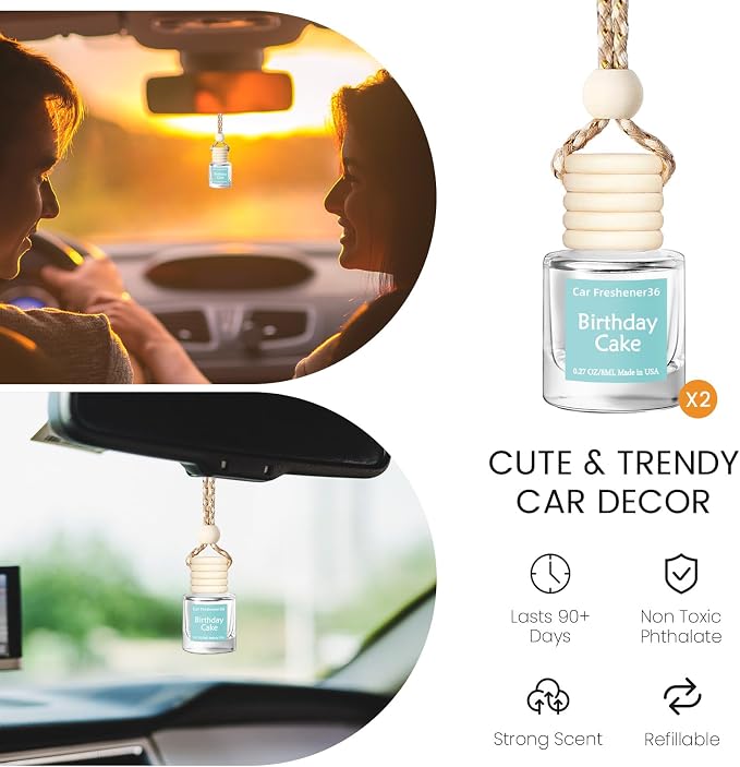 Hanging Car Air Freshener, Long Lasting Essential Oil Diffuser, Non-Toxic New Car Scent, Cute Car Fresheners for Women, 2 Pack Made in USA