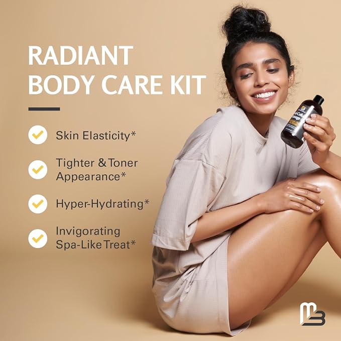 Anti Cellulite Massage Oil and Firm Dry Brush Kit | Collagen & Stem Cell Skin Tightening Kit | Radiant Body Care Kit for Women by M3