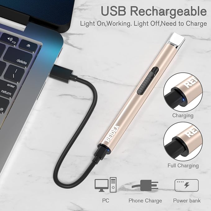 REIDEA Electronic Candle Lighter - USB Rechargeable with Security Lock, Windproof, Non-Slip Switch for Candle, Grill, Camping (Champagne Gold + White)