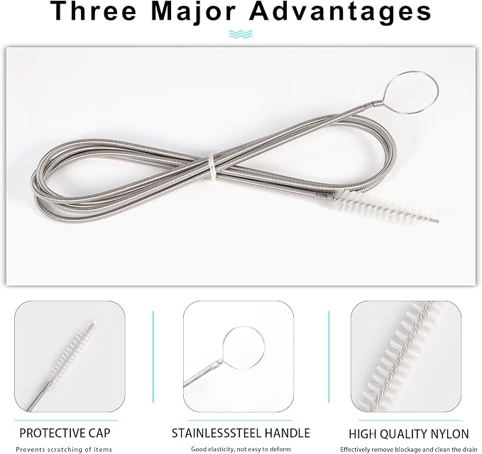 CiaraQ Bottle Cleaning Brushes, 8 Inch Nylon Tube Brush Set & A Flexible Long Drain Brush 60 inch, Cleaner for Narrow Neck Bottles Cups with Hook, Set of 11pcs, White