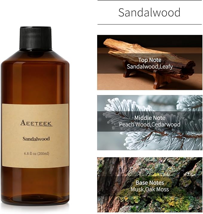 Reed Diffuser, Sandalwood Essential Oil Refill with Diffuser Sticks, 6.8 Fl Oz (200ml) Woody Scented Diffusers, Long-Lasting Fragrance for Home Decor