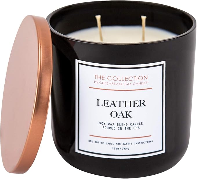 Chesapeake Bay Candle, The Collection, 2-Wick Soy Candle, Leather Oak, 12oz, Black with Copper Lid (Pack of 4)