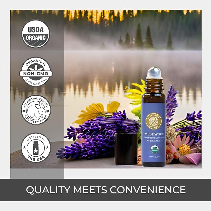 Silk Road Organic Meditation Essential Oil Balancing Blend Roll On,100% Pure USDA Certified Aromatherapy for Chakra Healing, Focus, Calming, Mindfulness & Spiritual Well-Being - 10ml Roller